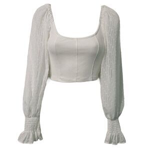 Urban Outfitters Womens Small Ribbed Crop Top Puff Sleeve Ruched Wrists White